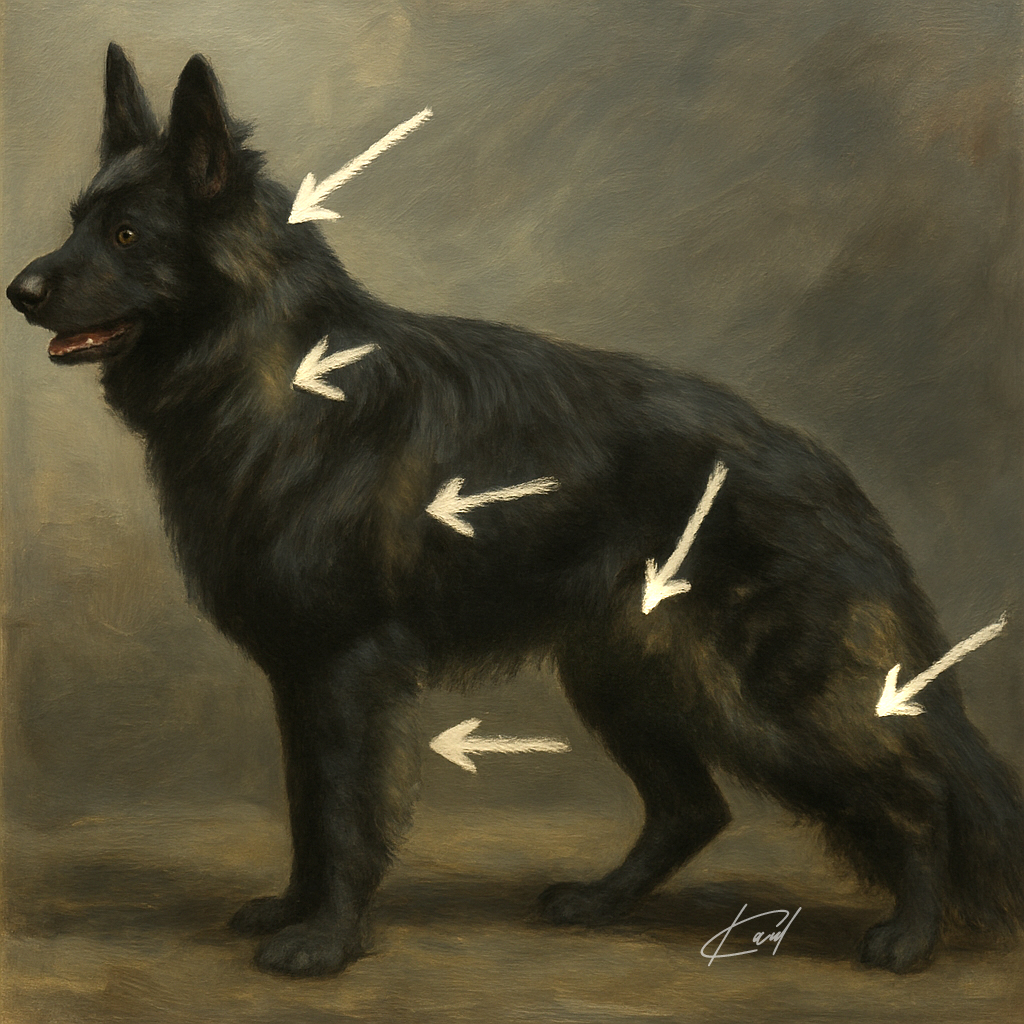 Black German Shepherd with KB Masking genes standing in profile showing silver color bleeding through