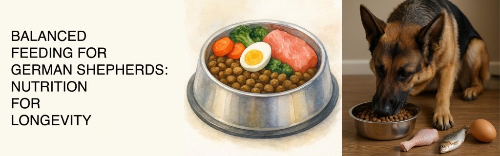 German Shepherd dog eating from a stainless-steel bowl with fresh food beside it, representing balanced nutrition with kibble and real food supplementation.