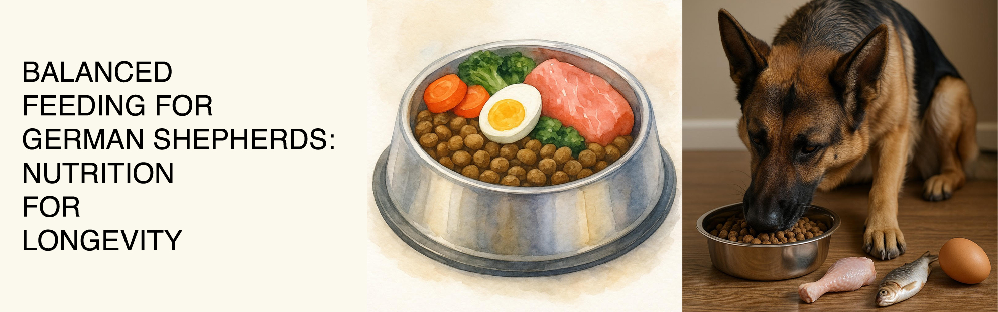 German Shepherd dog eating from a stainless-steel bowl with fresh food beside it, representing balanced nutrition with kibble and real food supplementation.